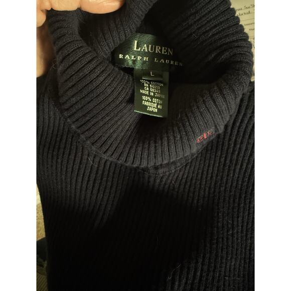 Lauren Ralph Lauren Ribbed Slim Fit T-Neck Sweater, NAVY Cotton, Red Pony~Large - Picture 2 of 8